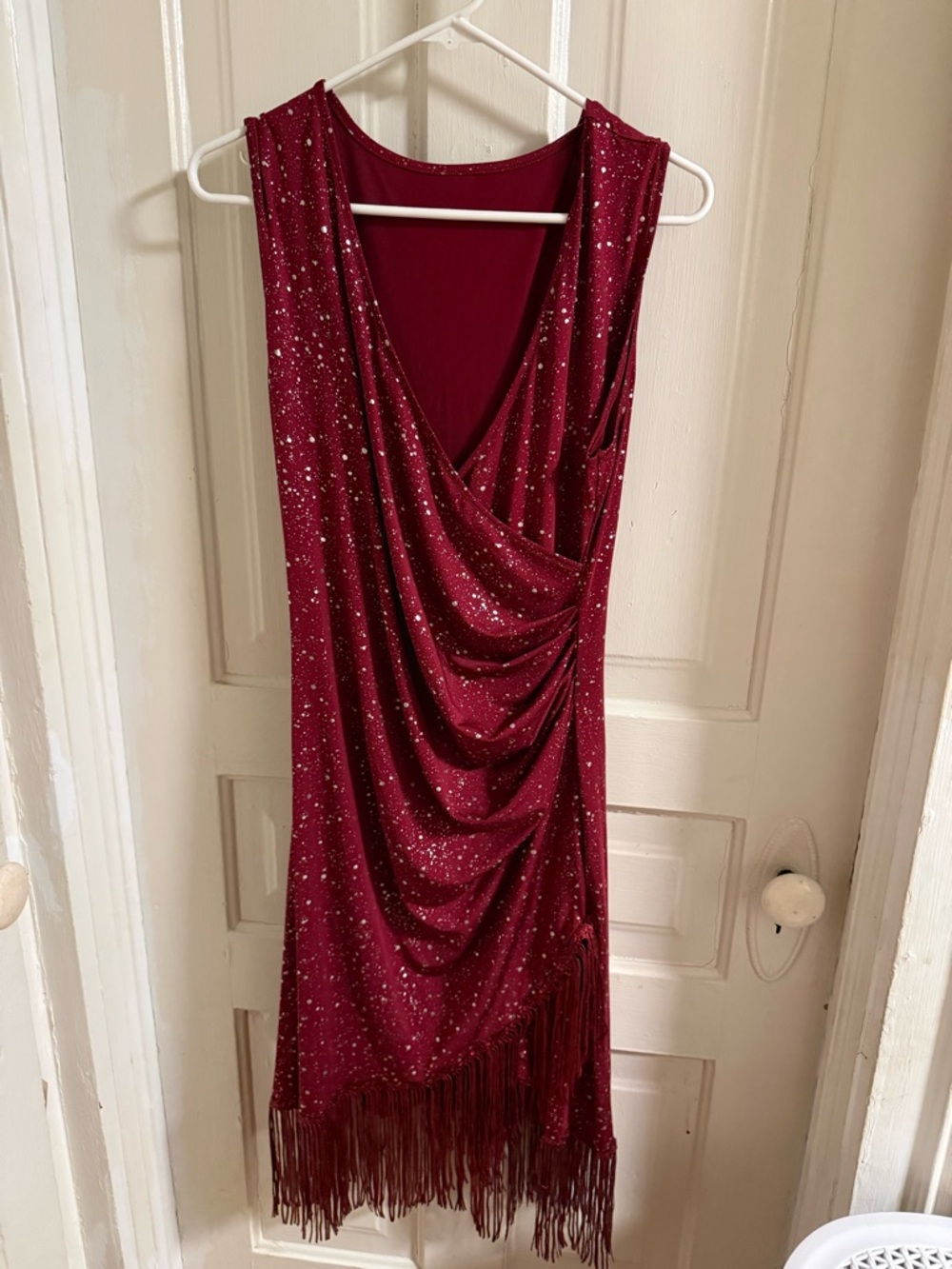 Women's Sleeveless Burgundy Glitter Draped Fringe Dress